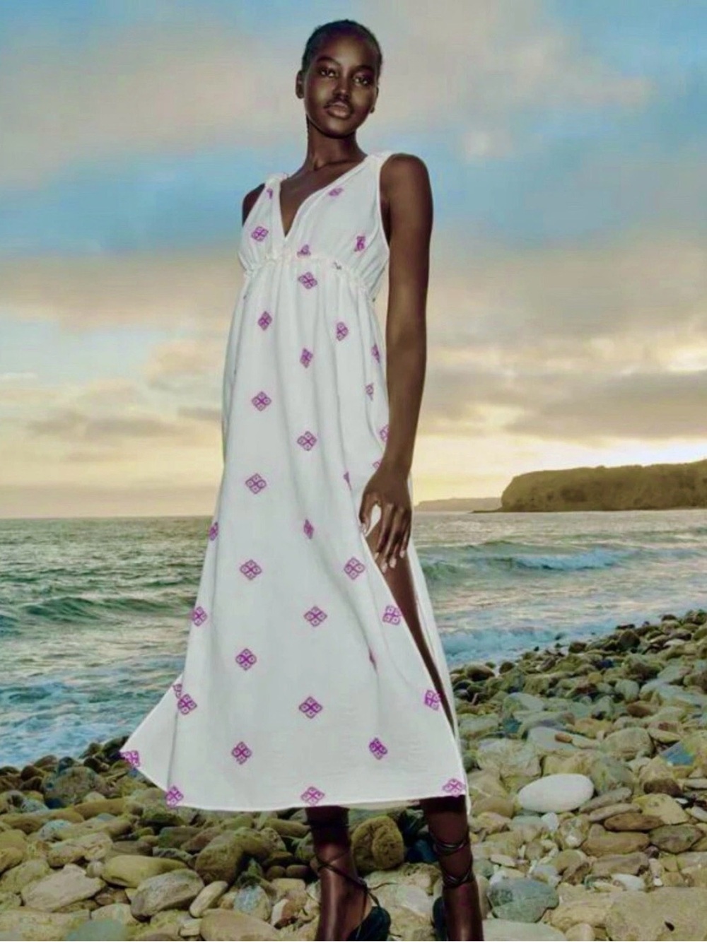 Zara Rustic Dress Women XS Embroidered Midi Cottagecore Ivory Purple Boho Beachy